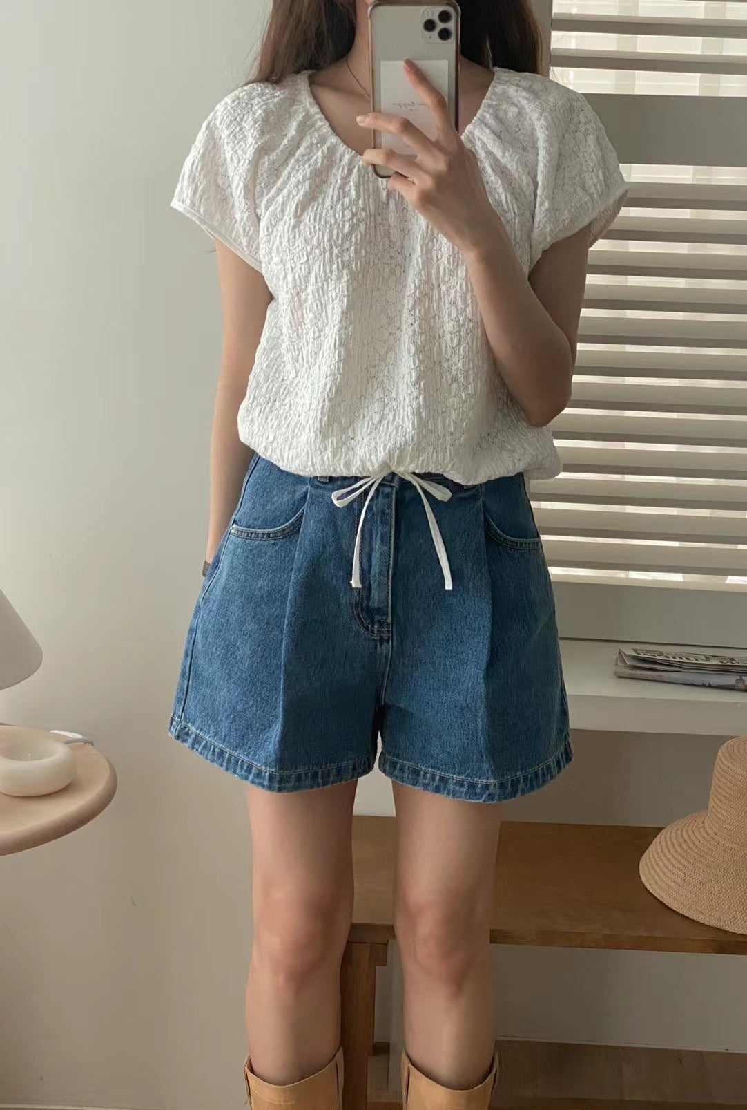 Soft Crinkle Drawstring Blouse