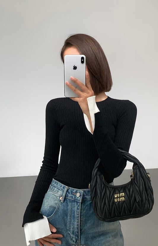 Slim Ribbed Contrast-Cuff Sweater